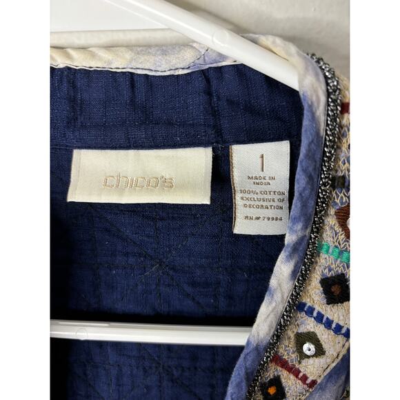 Chico's Indigo Moon Artisan Blue Tie Dye Quilted Open Jacket Embroidered Medium - Picture 12 of 13